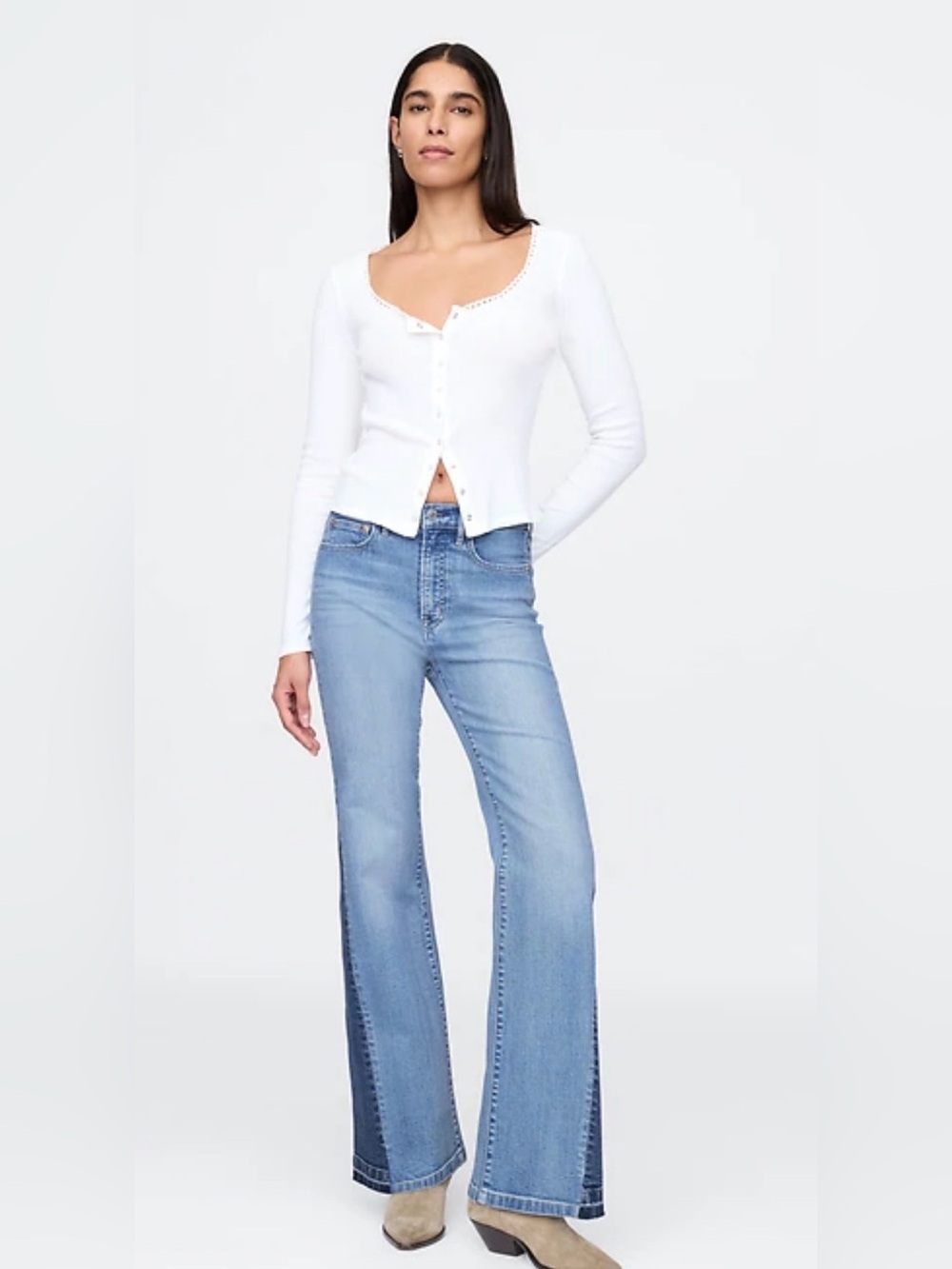 Gap '70s Flare High Rise Jeans 30" X 29.5" Blue Medium Indigo Patched Denim
